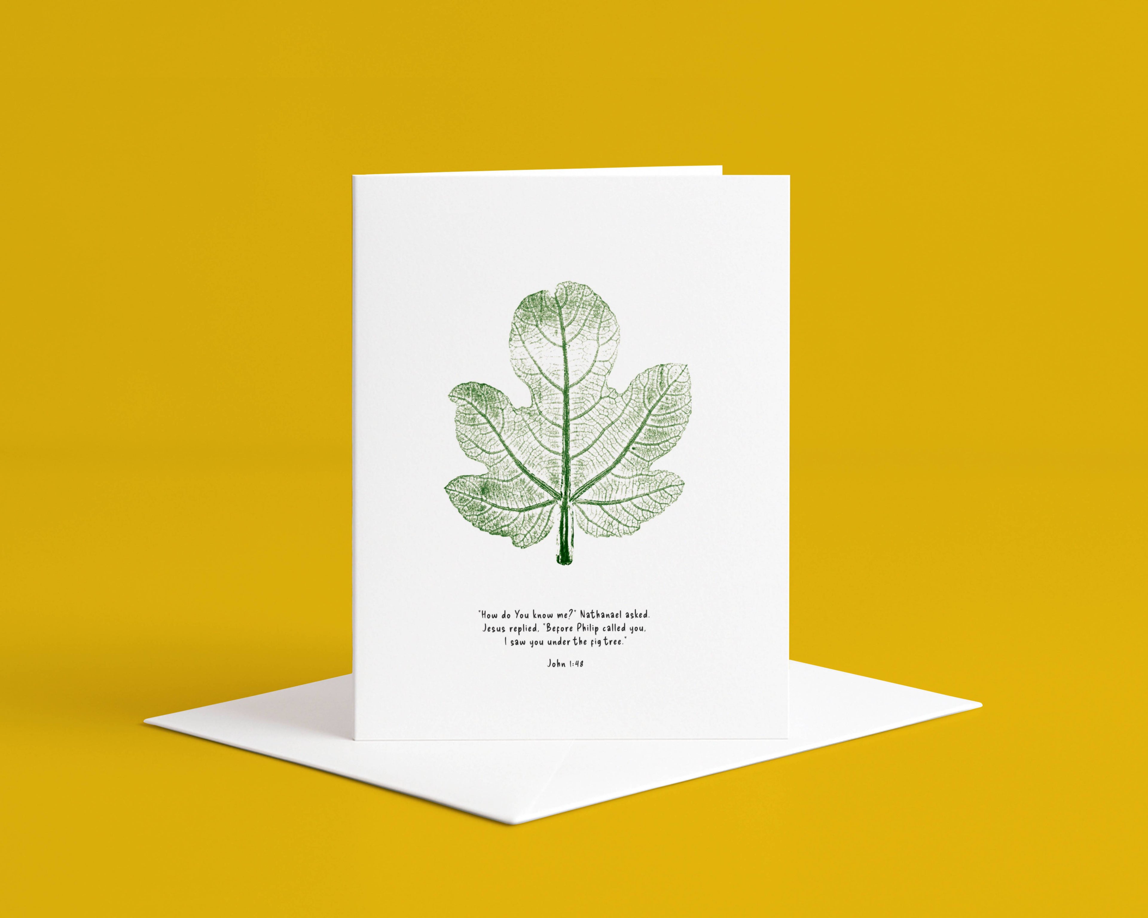 Fig Leaf Christian Greetings Card: Jesus Sees You, John 1:48 Bible verse