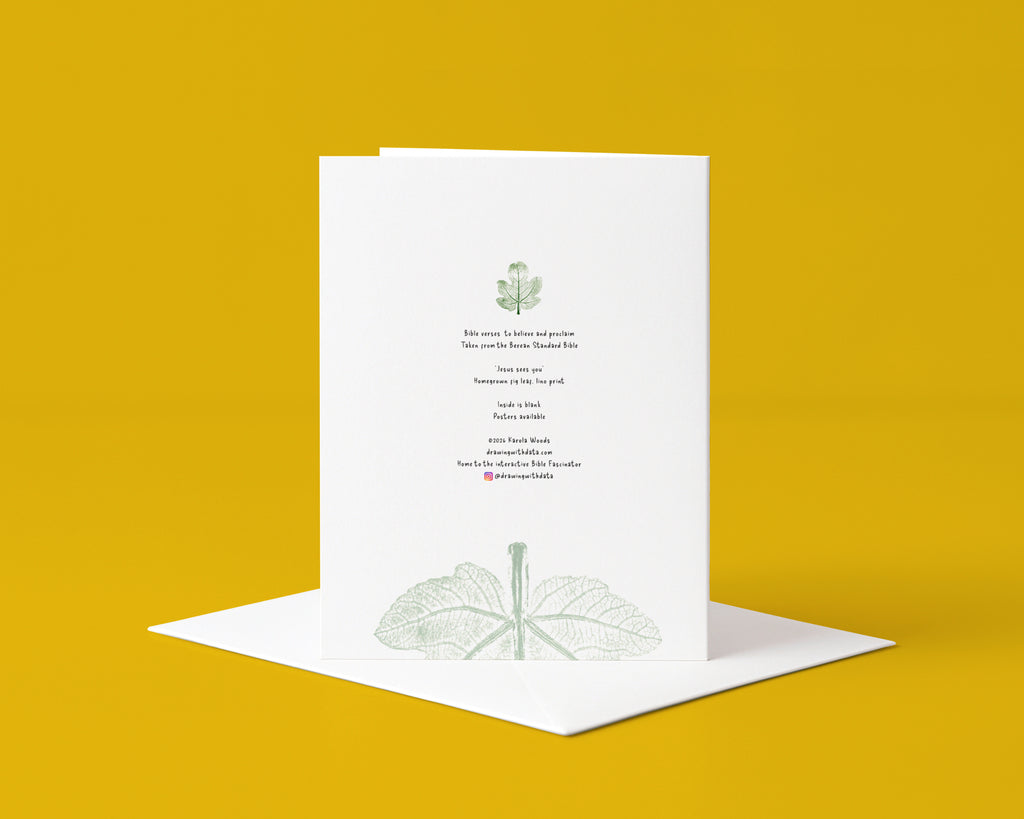 Fig Leaf Christian Greetings Card: Jesus Sees You, John 1:48 Bible verse