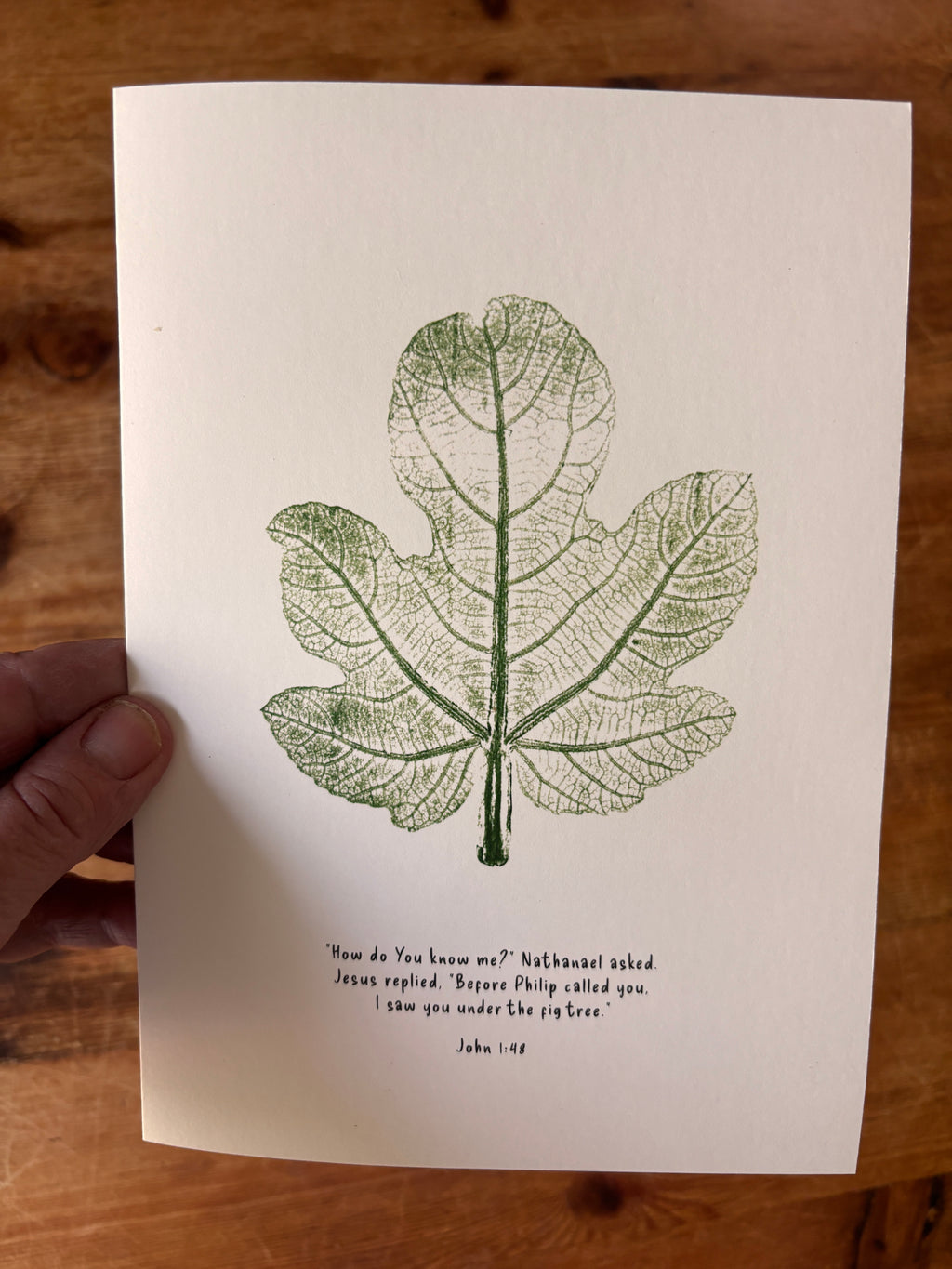 Fig Leaf Christian Greetings Card: Jesus Sees You, John 1:48 Bible verse