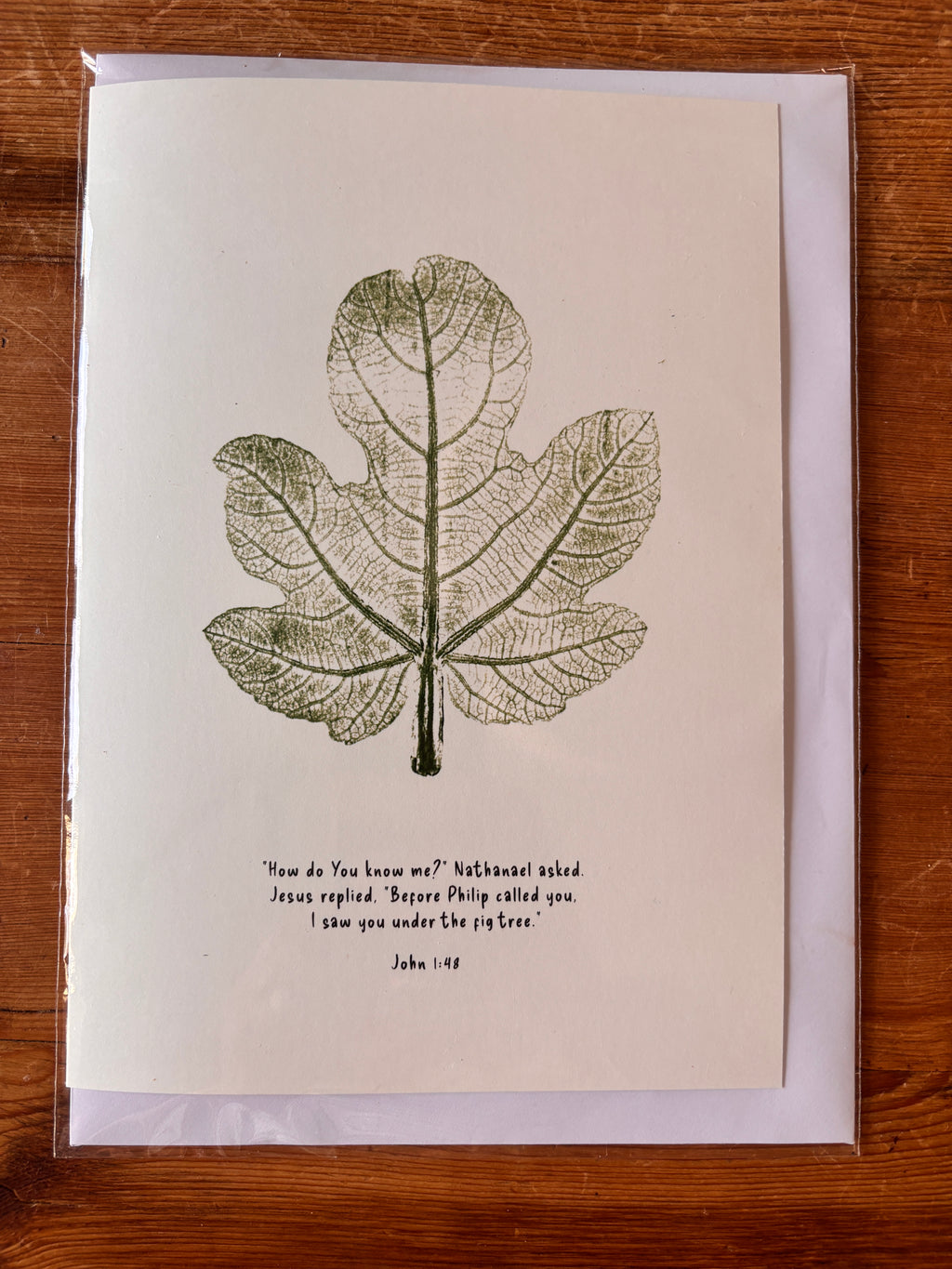 Fig Leaf Christian Greetings Card: Jesus Sees You, John 1:48 Bible verse